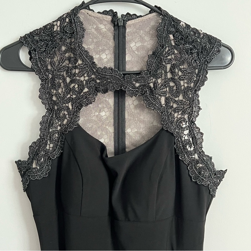 Xscape Black Crochet Back Ruche Draped Fitted Cocktail Dress - Picture 4 of 11